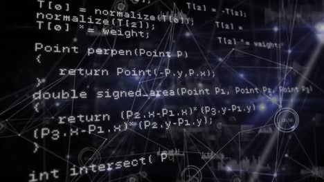 animation of computer language over connected dots and graph icons against black background