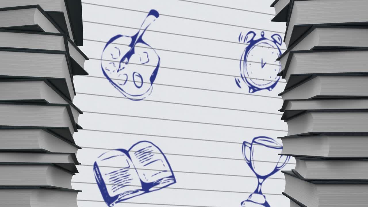 두 줄의 책 사이에 여러 개의 학교 개념 아이콘이 있습니다.