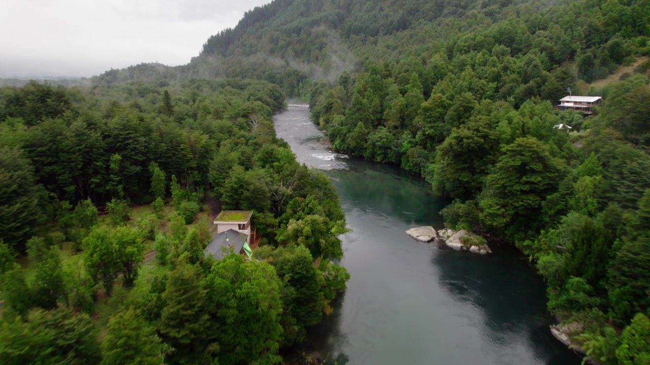 Bellissimo fiume scorre attraverso una lussureggiante foresta verde in una remota zona montuosa con tempo nuvoloso