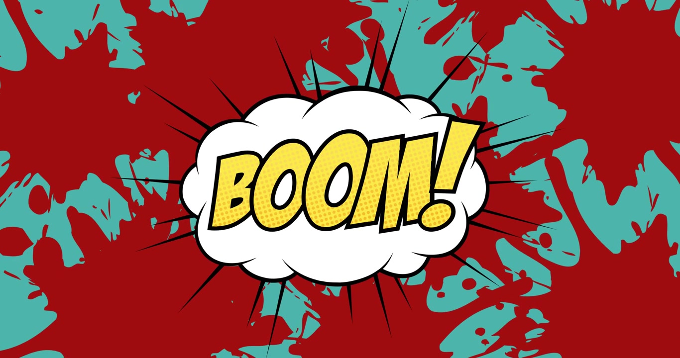Animation af teksten boom i en tegneserieboble