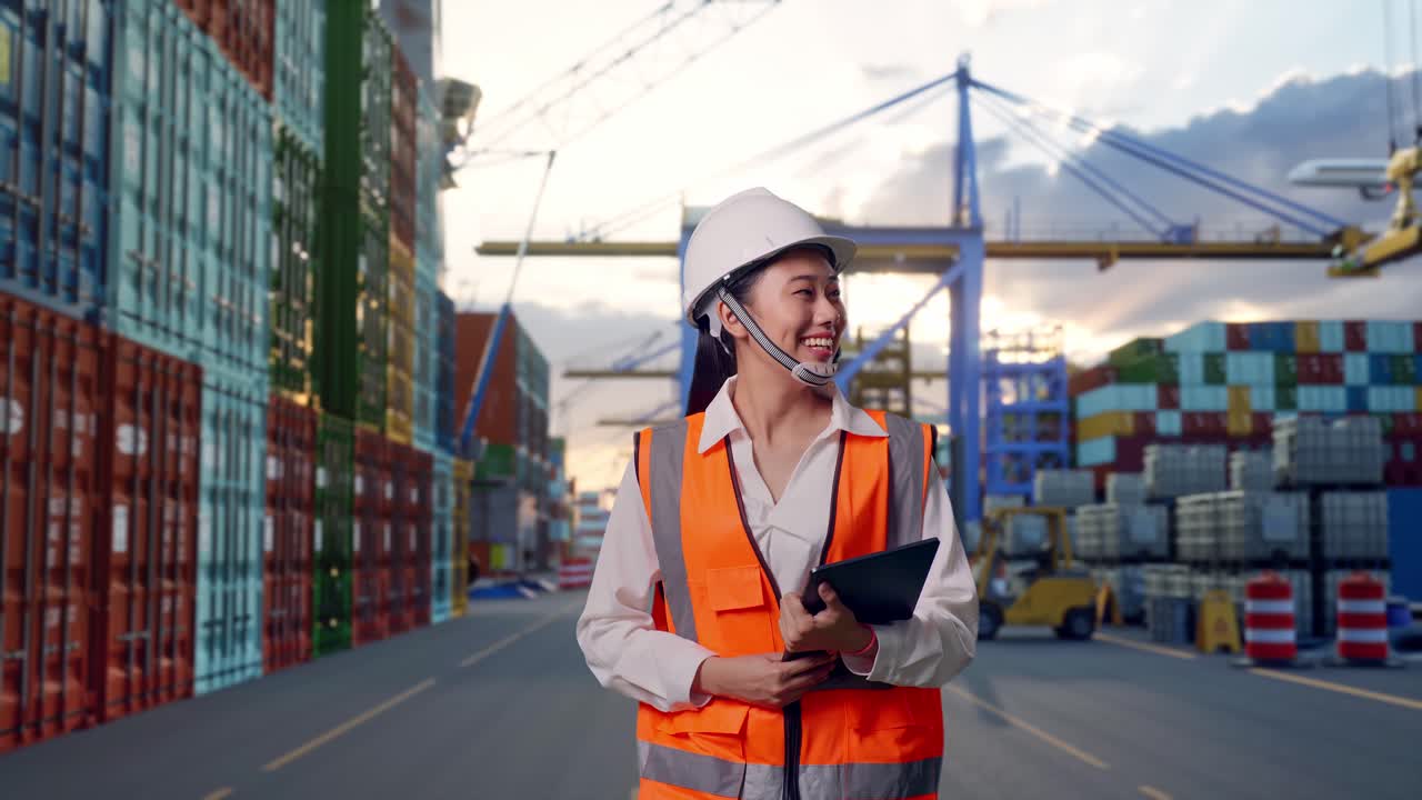 Front View of Asian Female Engineer Holding Tablet While Walking at Port with Container Ship and Cranes at Sunset
