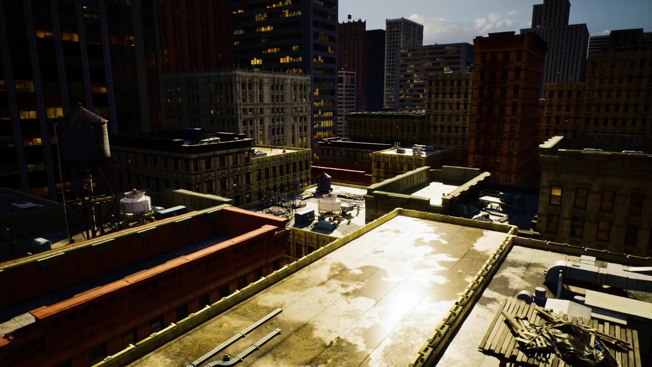 Bright dawn or twilight casting shimmering hues on building tops