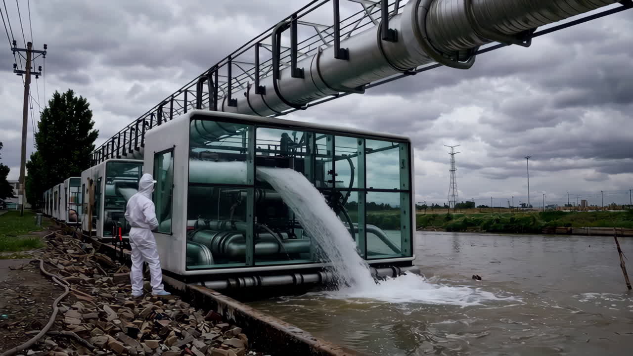 Floating Water Treatment Facility Pumping Discharge into River