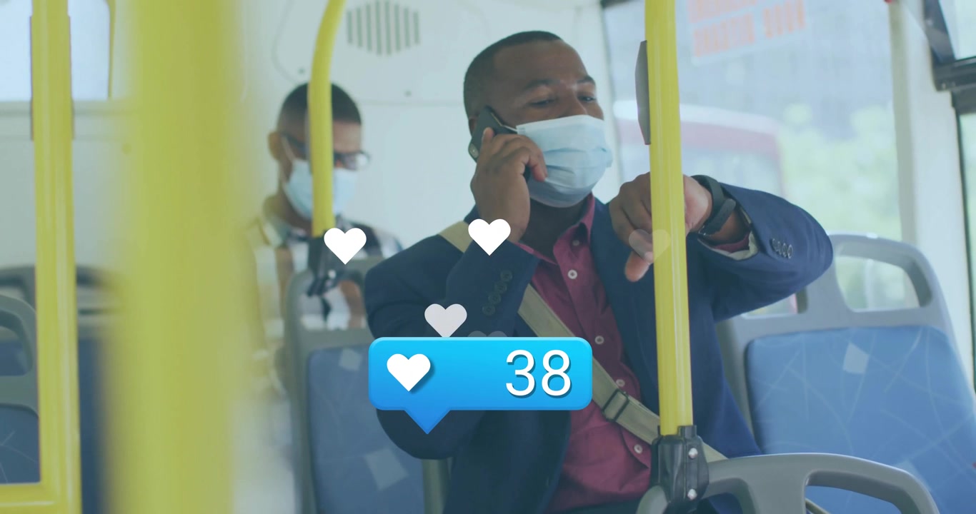 Commuter taking smartphone call on bus while social media hearts rising for tracking like count