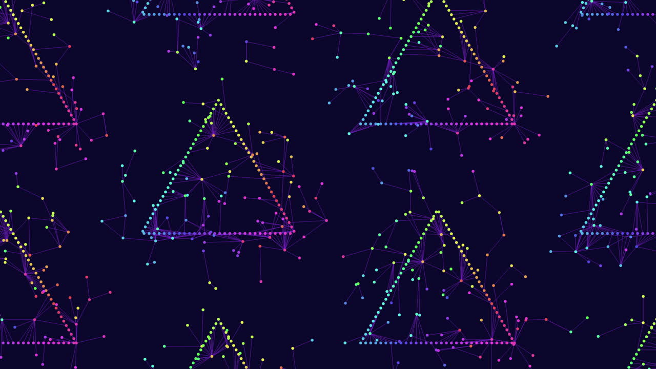 빛나는 색의 선들이 점들을 연결하여 검은색 배경에 복잡한 삼각형 패턴을 형성합니다.