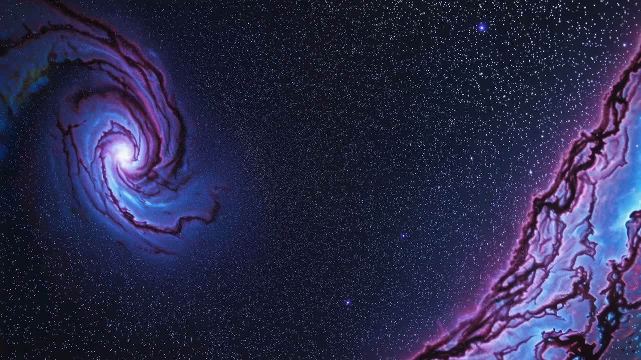 A cosmic spiral galaxy and nebula in deep space, captured from a wide-angle perspective