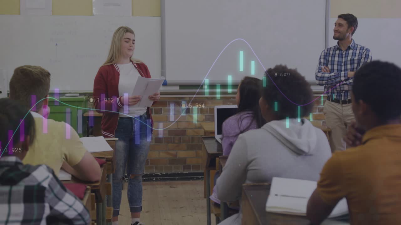 Student reading notes in class, explaining finance as chart overlaying class, teacher watching