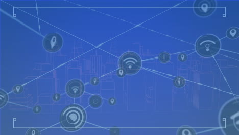 animation of network of connections over cityscape