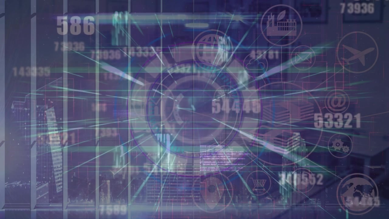Animation of network of connections and data processing over cityscape