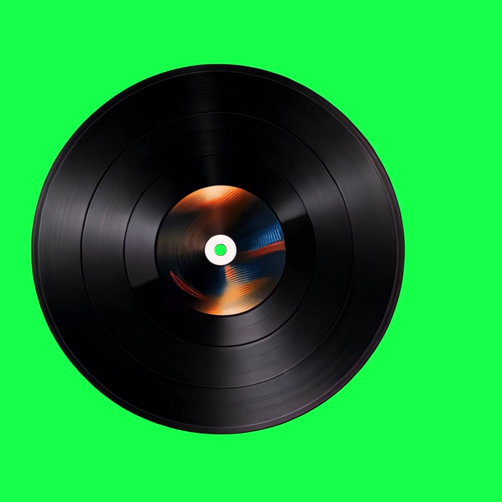 Disco in vinile nero che gira con etichetta colorata su schermo verde