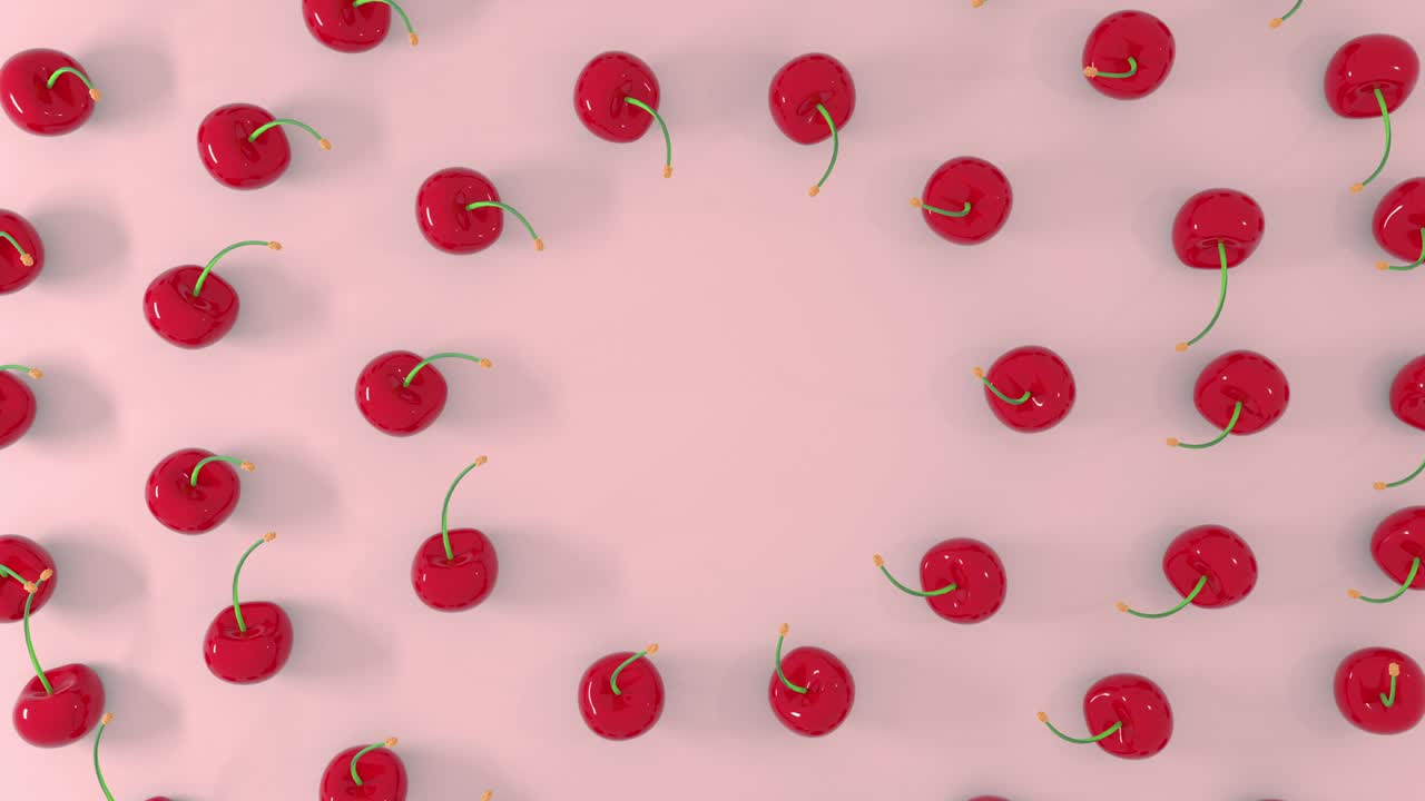 Render 3D buah ceri merah segar dengan latar belakang permukaan pastel. Animasi loop render 4K