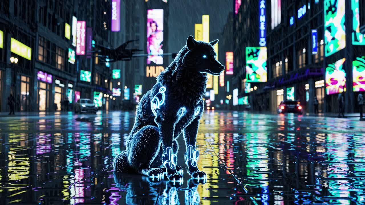 Cyberpunk Wolf in a Rain-Soaked City