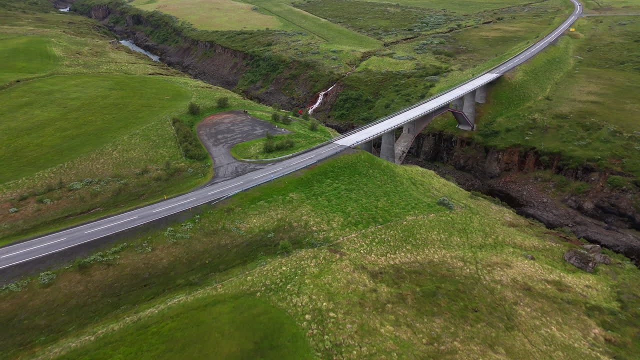 Aerial view of the Jökulsá River bridge in Iceland, showing flowing water, surrounding rugged terrain, and wide open landscape under clear sky