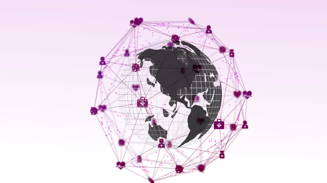 Digital composite video of web of connections with icons forming a globe against white background