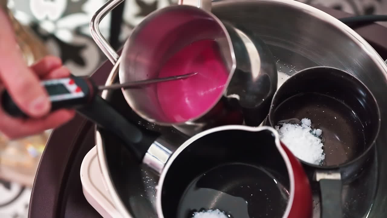 Produzione artigianale di candele, una mano femminile controlla la temperatura della cera che si scioglie nei contenitori. Movimento al rallentatore