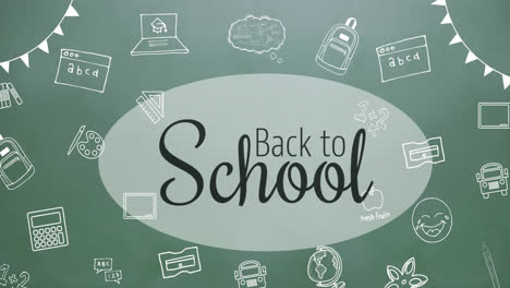animation of back to school text over school items icons on green background