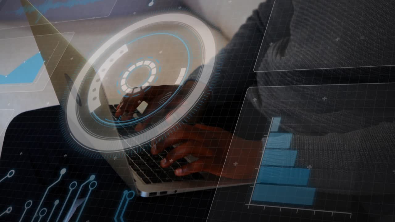 Animation of scope scanning and data processing over african american businessman using laptop