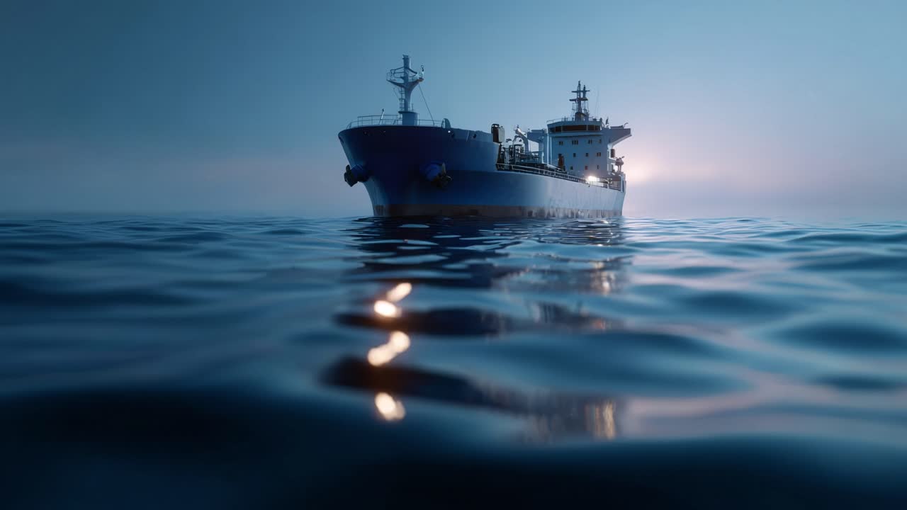 Una maestosa nave naviga attraverso le acque tranquille all'alba, scintillando sotto la morbida luce del mattino, catturando l'essenza della bellezza e serenità marittima.