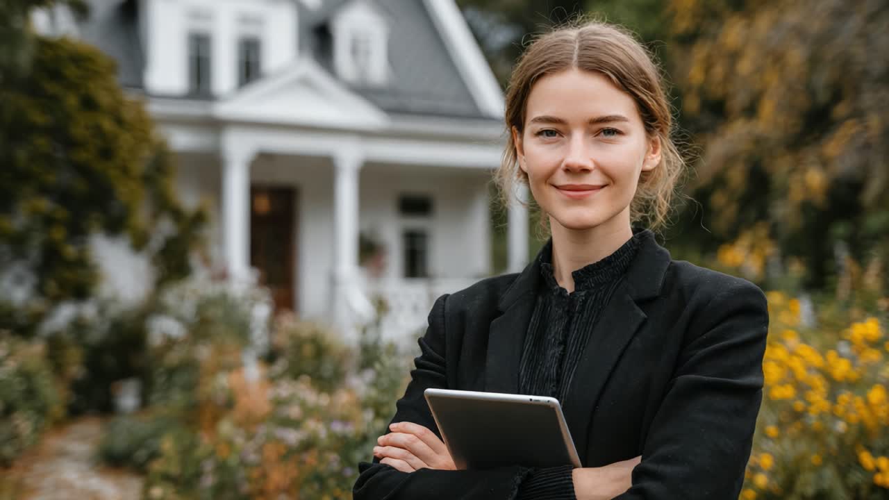 A confident young woman stands proudly with a tablet in hand, showcasing her professionalism amidst a vibrant garden and a charming house background