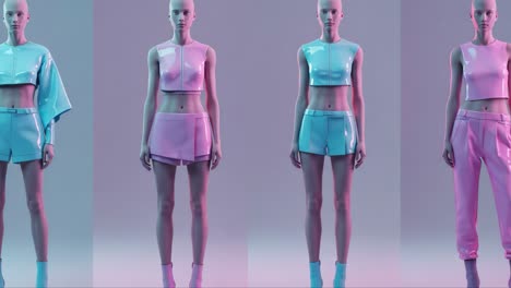 a stylized showcase of futuristic fashion: an exquisite range of trendsetting outfits displayed on a minimalist 3d model in vibrant colors and sleek designs