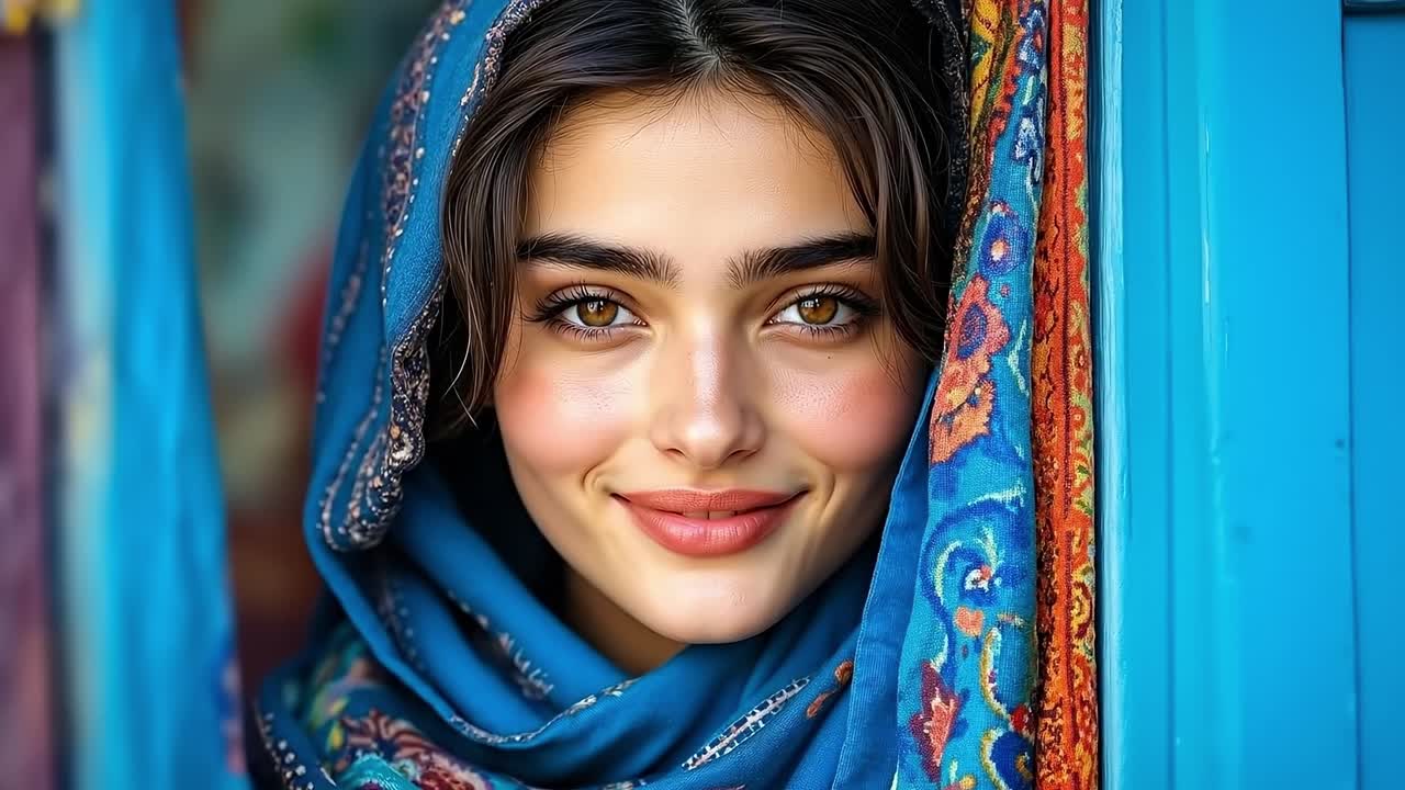 A woman wearing a blue headscarf smiles at the camera