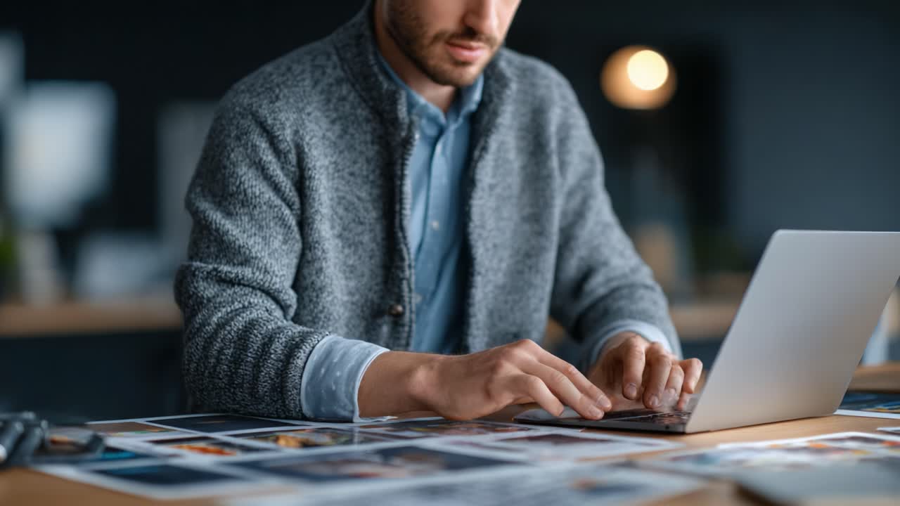 Focused Professional Analyzing Visual Content on Laptop Surrounded by Photographic Prints in a Contemporary Workspace Setting