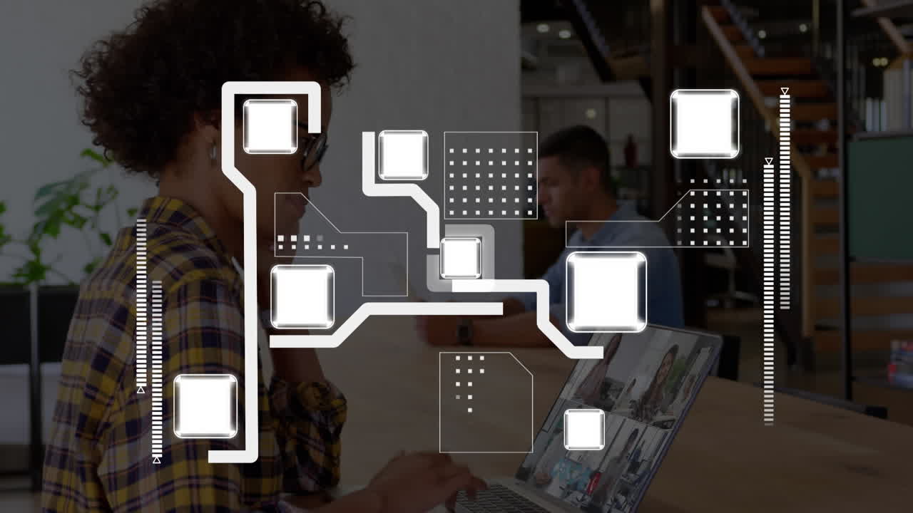 animación de formas sobre una mujer de negocios afroamericana que tiene una llamada de video portátil con colegas