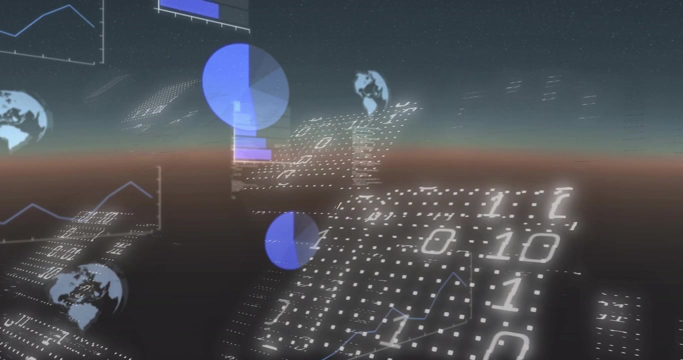 Camera sweeping, hologram data charts emerging and rotating, displaying binary code for insight