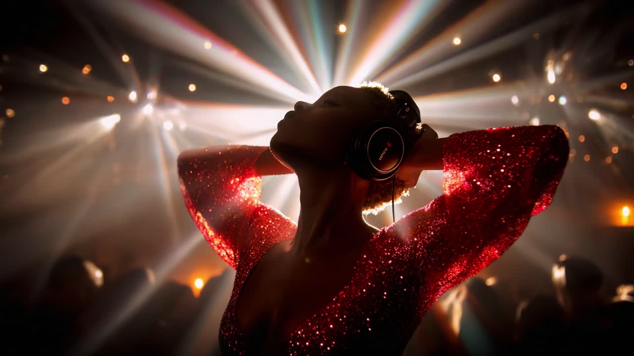 A captivating silhouette of a woman with headphones, illuminated by dazzling light beams in a vibrant party atmosphere, embodying the essence of music and celebration