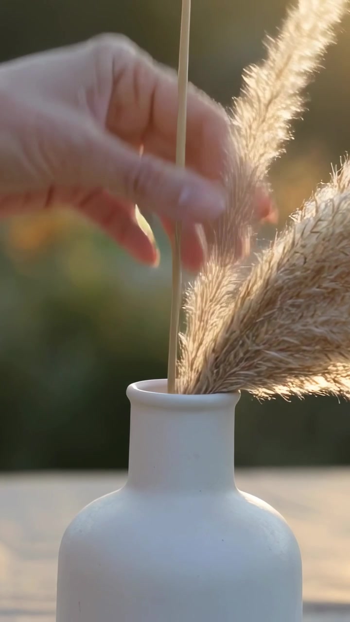 Vidéo verticale : Une main abaissant une fine tige, arrangeant des herbes de la pampa dans un vase sur une terrasse, centrant la tige