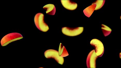 peach segments falling on black background, seamless loop, cg