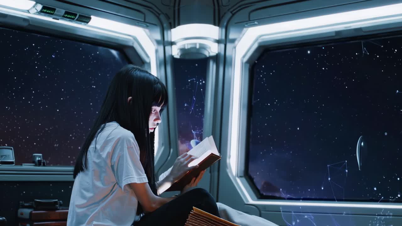 Woman Reading in a Futuristic Spaceship