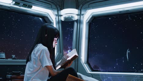 woman reading in a futuristic spaceship