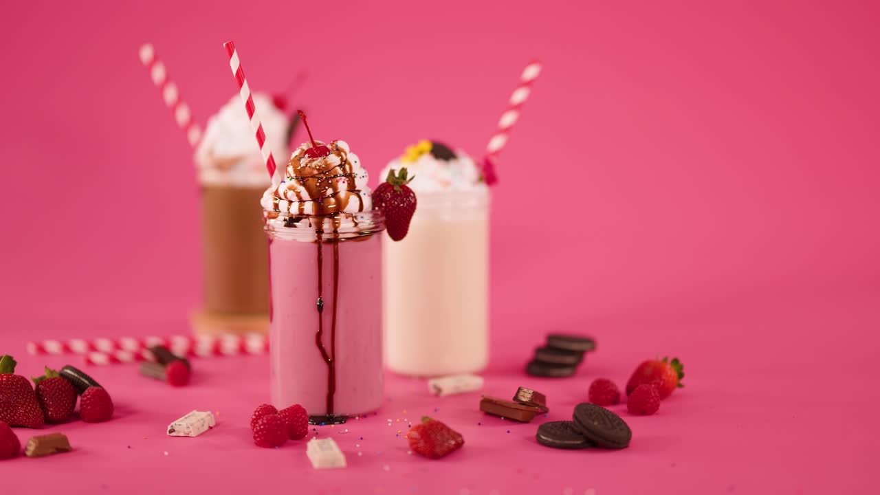 Hand places cherry on strawberry milkshake with chocolate drizzle, whipped cream, colorful sweets, pink background