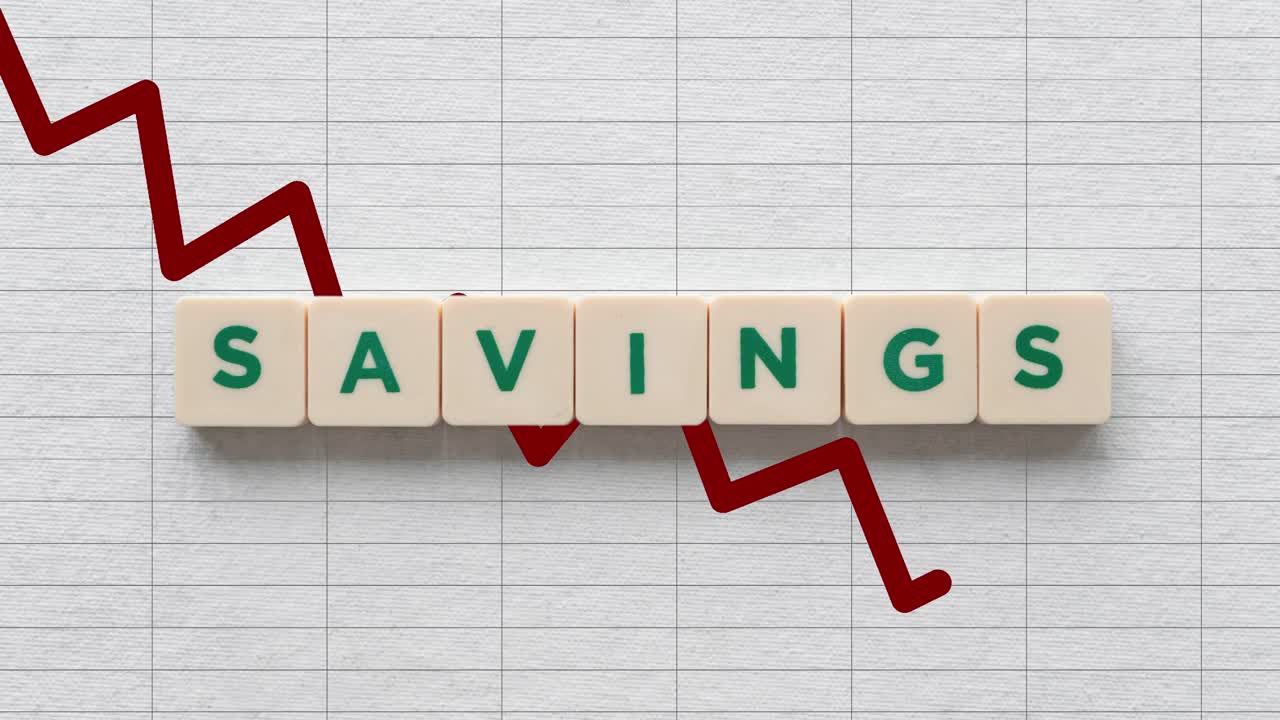 Red Arrow Going Down With Savings Word On Scrabble Tiles - Concept Of Bad Savings