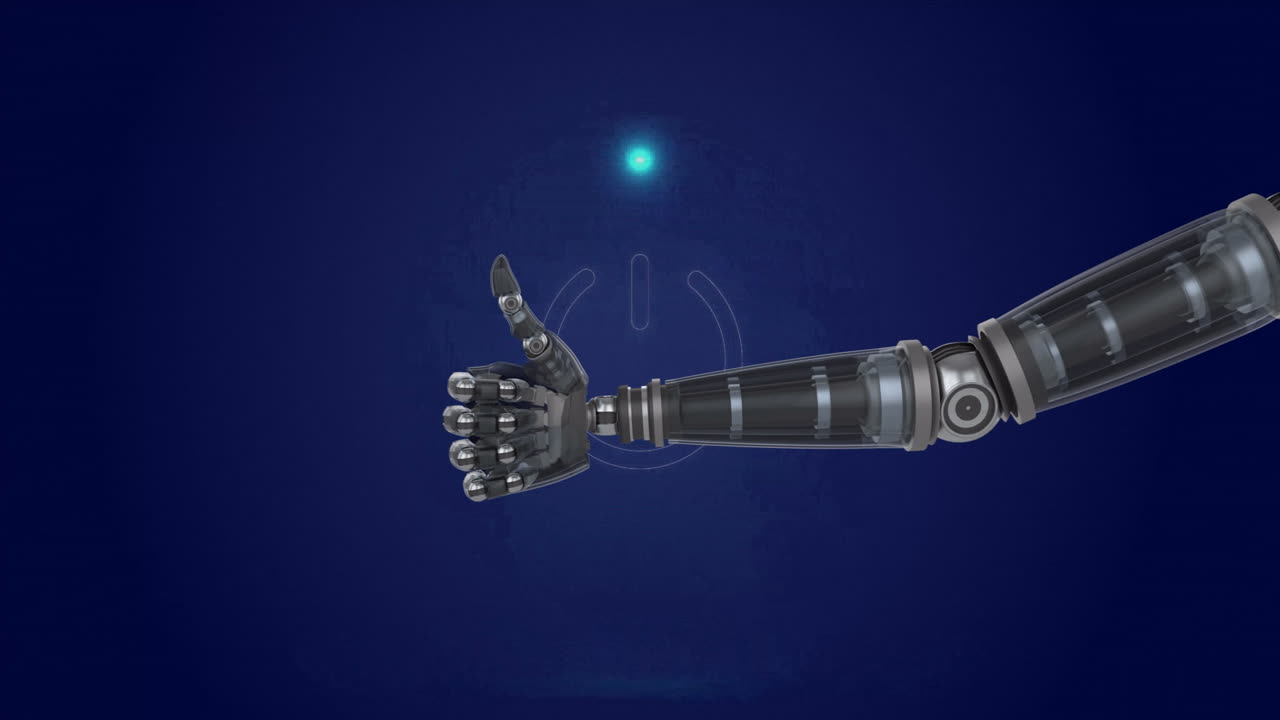 Robotic arm giving thumbs up with animation of glowing power symbol