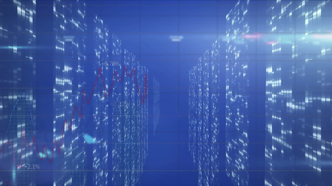 컴퓨터 서버와 함께 기술 방에서 통계 및 데이터 처리의 애니메이션