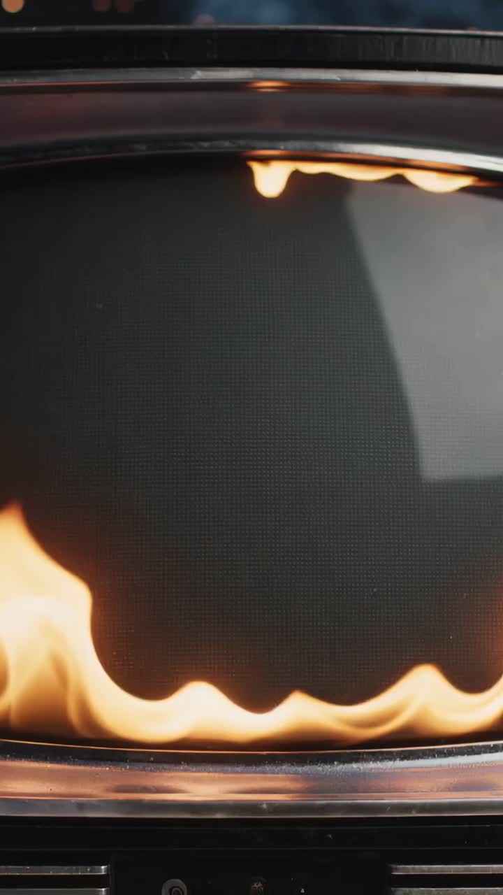Video verticale: partendo da fiamme alte, bruciatore in vetro che mostra fiamme attenuanti all'interno, braci blu