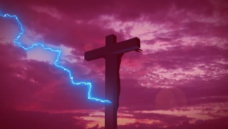 digital composition of thunder effect over crucifix on cross against clouds in the sky