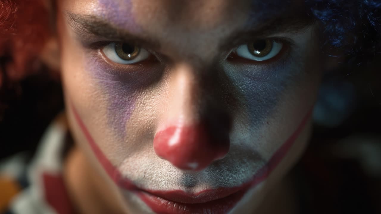 Intense Close-Up of a Clown's Face, Highlighting Dramatic Makeup and Piercing Gaze, Capturing a Unique Blend of Joy and Fear in a Striking Portrait