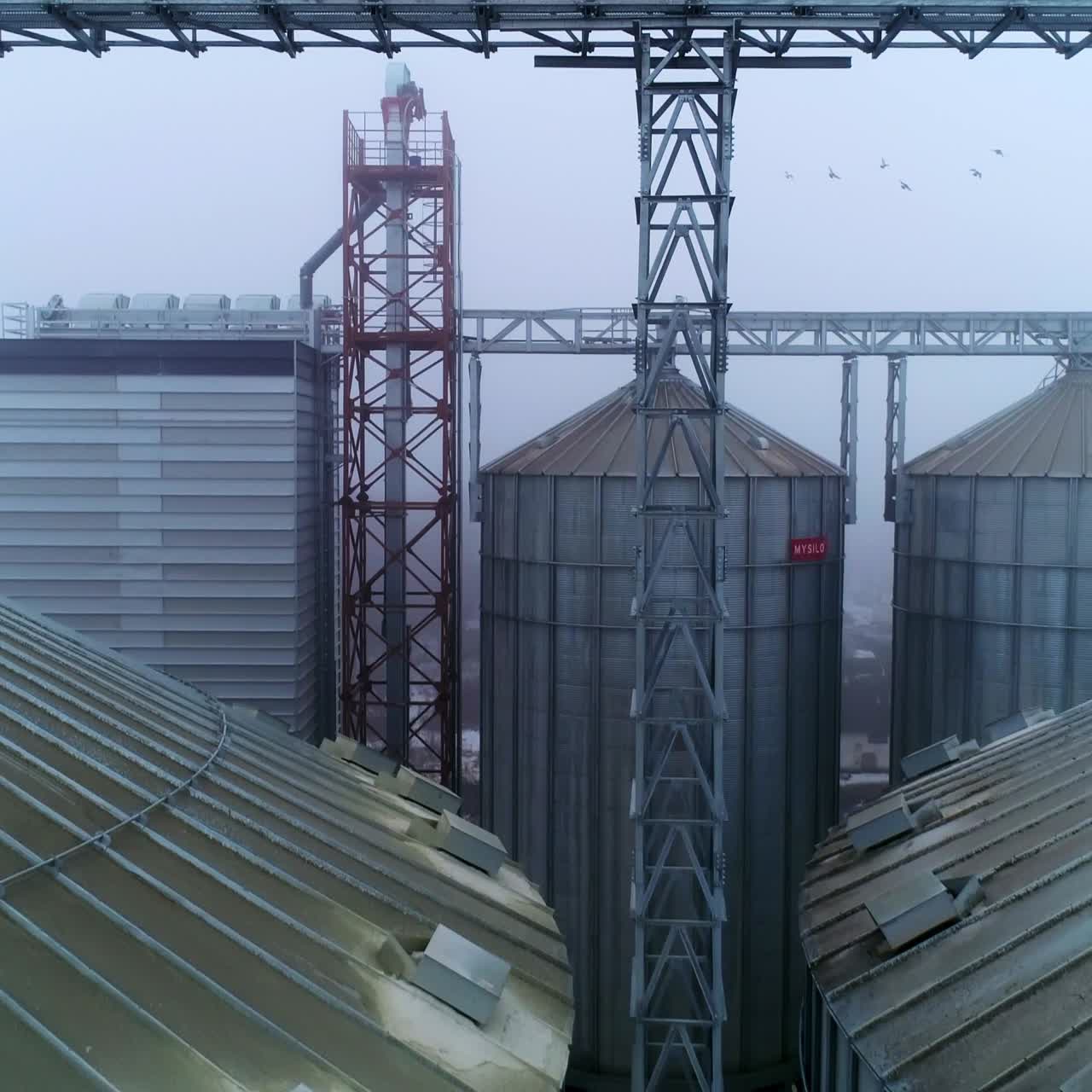Grandi silos metallici moderni di fabbrica. Grande deposito elevatore agricolo