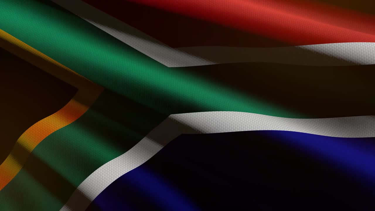 60FPS dark South Africa flag colored in blue, red, green, gold with fabric texture waving - background, UHD 4k 3d seamless looping animation