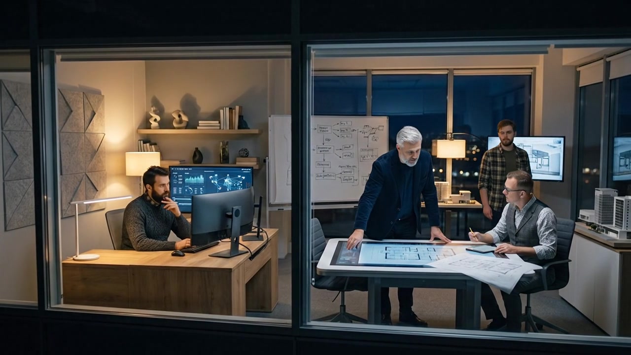 Erhvervsfolk arbejder på moderne kontor med professionelt kommercielt videomateriale til forretningsbrug
