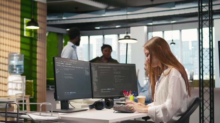 Young Female Programmer Uses Computer To Write Code, Developing Machine Learning