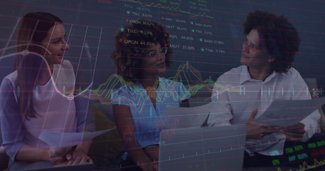 Animation of stock market data processing against diverse colleagues discussing together at office