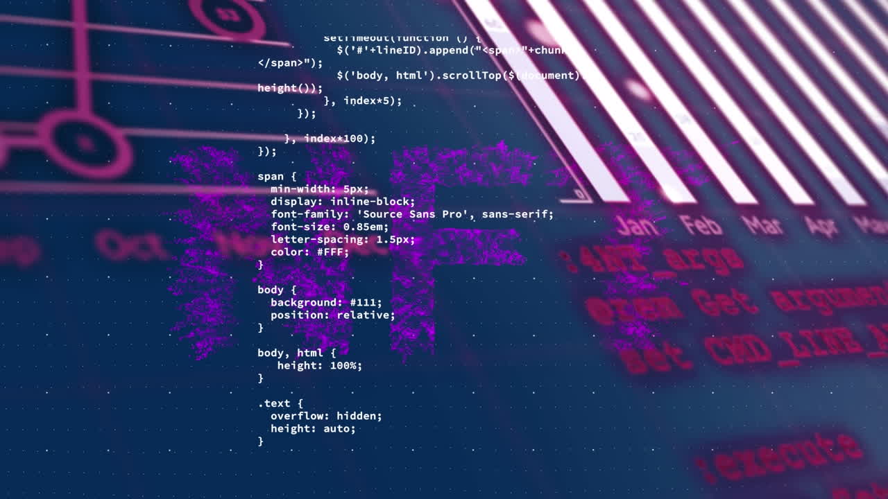 Animation of nft text banner over statistical data processing against blue background