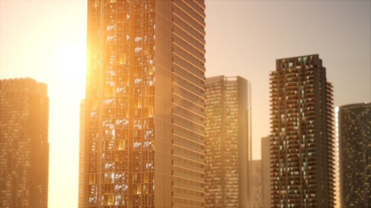 sunset aerial shot of skyscrapers of business centre
