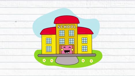 digital animation of school building icon against white lined paper