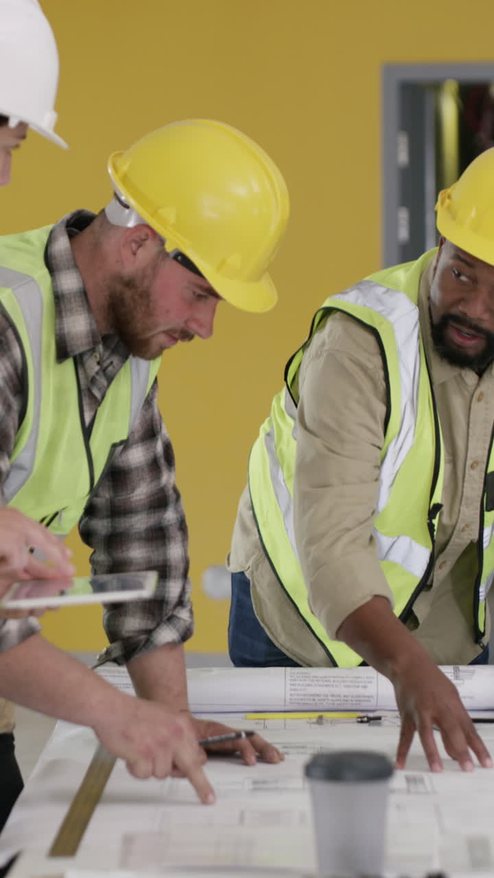Construction Team Reviewing Blueprints on Site