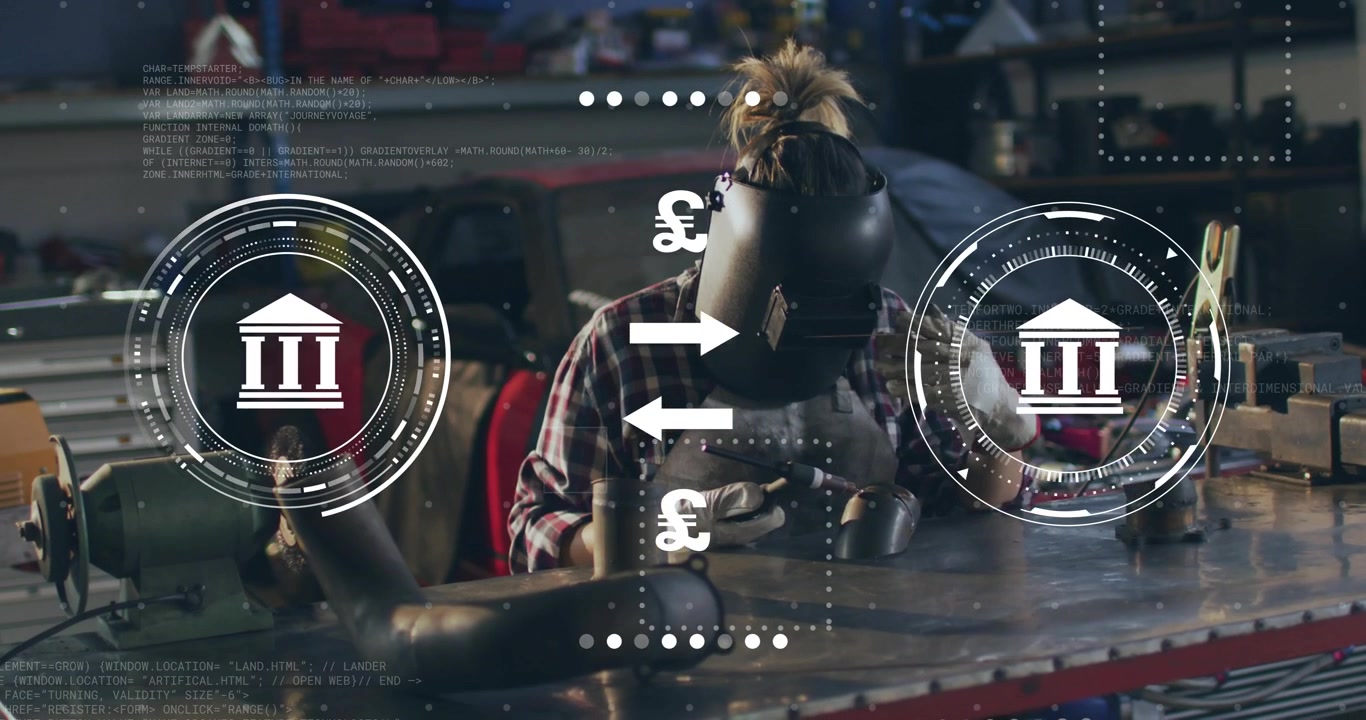 Metalworker lowering helmet and picking up torch, welding seam while HUD overlaying €£¥$ icons